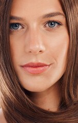 Naklejka premium Beauty, face and hair of aesthetic woman with glow in eyes, skin and lips with cosmetics, makeup and dermatology product at health and wellness spa. Portrait of shampoo, hairdresser or skincare model