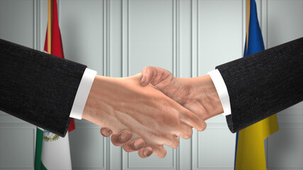 Mexico and Ukraine diplomacy deal 3D illustration. Businessman partner handshake. National flag on background