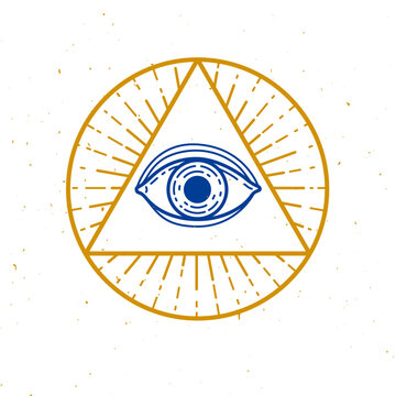 All seeing eye of god in sacred geometry triangle, masonry and illuminati symbol, vector logo or emblem design .