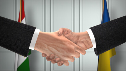 Tajikistan and Ukraine diplomacy deal 3D illustration. Businessman partner handshake. National flag on background