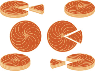 Galette des rois traditional french epiphany cake. Vector icon set with colors and brush stroke.