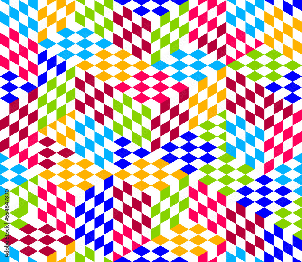 Poster seamless isometric rhombus and triangles geometric pattern, 3d cubes vector tiling background, archi