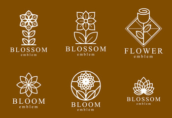 Beautiful geometric flower logos vector linear designs set, sacred geometry line drawing emblems or symbols collection, blossoming flower hotel or boutique or jewelry logotypes.