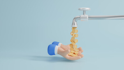 3d hand money from steam on blue background, gold coins dripping steam, money coins out of the tap, passive Income icon, cash flow concept, financial investments concept, 3d rendering