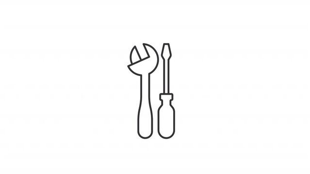 Animated toolkit linear icon. Wrench and screwdriver. Auto repair. Household hand tools. Seamless loop HD video with alpha channel on transparent background. Outline motion graphic animation