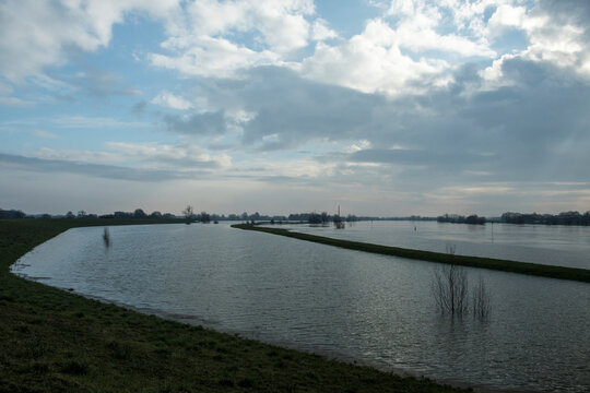 Hig water in the river Lek in the Netherlands in winter
