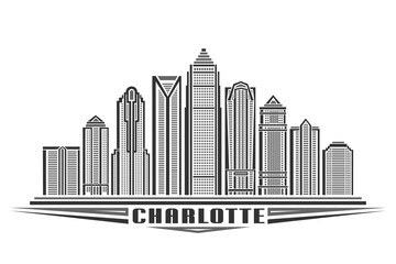 Vector illustration of Charlotte, monochrome horizontal poster with linear design famous charlotte city scape, urban line art concept with decorative lettering for text charlotte on white background
