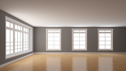 Obraz premium Interior with Grey Plastered Walls, a Large Window on the Left and Three Windows on the Center. White Plinth and a Light Parquet Floor. Mockup Interior. 3D illustration, 8K Ultra HD, 7680x4320