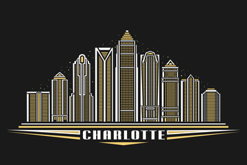 Vector illustration of Charlotte, dark poster with simple linear design famous charlotte city scape on dusk sky background, american urban line art concept with decorative lettering for text charlotte - obrazy, fototapety, plakaty