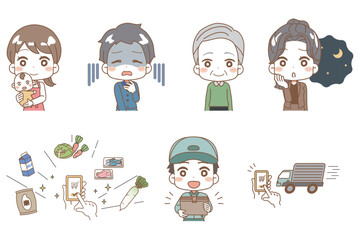 A set of people using home delivery services.