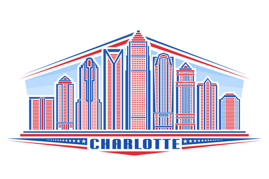 Vector illustration of Charlotte, horizontal badge with simple linear design famous charlotte city scape on day sky background, urban line art concept with decorative unique letters for text charlotte
