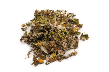 Dry tea leaves and dry fruit isolated on white background.