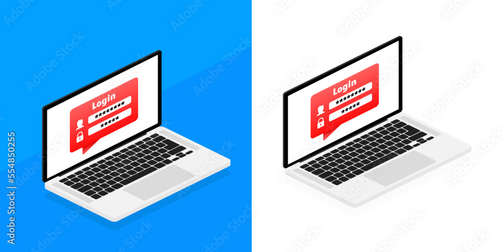 Poster laptop online account login form. user interface. user authorization. username and password.