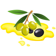 Vector set with green and black olives. Twigs with olives with leaves, individual berries. The concept of vegetables and healthy eating.