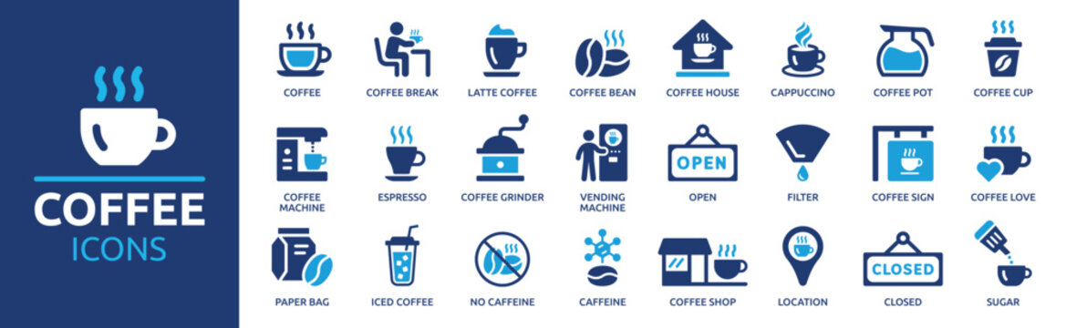 Coffee icon set. Containing latte, coffee bean, cappuccino, espresso, coffee shop, sugar and caffeine. Solid icon collection.