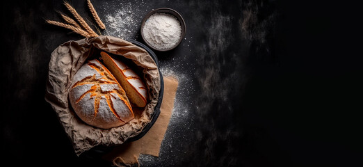 3D illustration, image of artisan bread, some ingredients that help in its preparation, wheat flour, salt, sugar, 3D rendering.