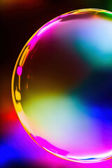 Metallic glowing colorful soap bubble in the air in front of a colorful abstract background, made with generative AI