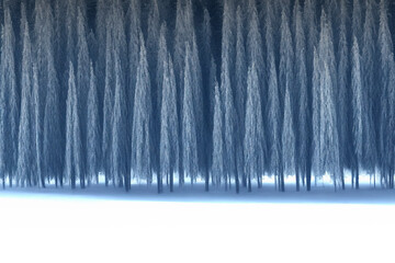 Abstract image of monotonous winter forest of tall spruce trees in front of snowy white clearing, made with generative AI