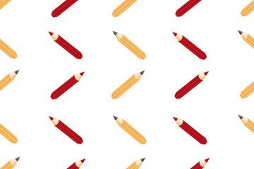 Seamless pattern with colored pencil on white background. Colorful pencils. Wallpaper print. Children bed linen. Backdrop with school writing accessories.