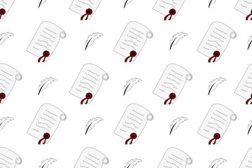 Seamless pattern with manuscript and retro ink pen on white background. Wallpaper print. Children bed linen. Backdrop with vintage writing accessories. - obrazy, fototapety, plakaty