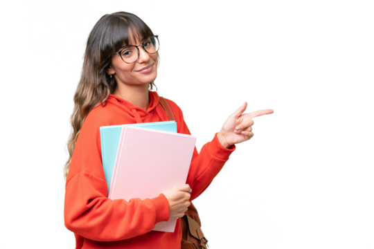 Young student caucasian woman over isolated background pointing finger to the side