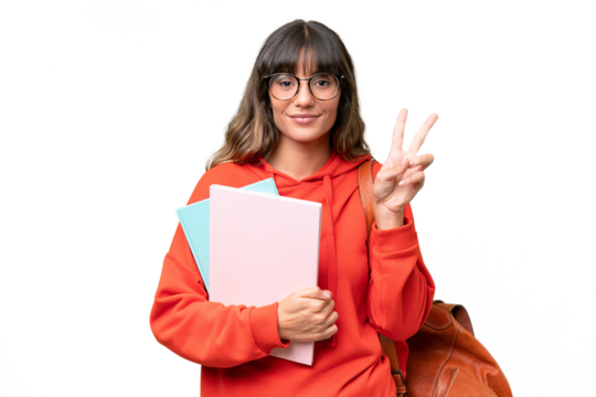 Young student caucasian woman over isolated background smiling and showing victory sign