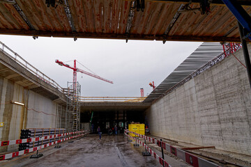 Open day at highway enclosure construction site with formwork of roof at Zürich Schwamendingen on...