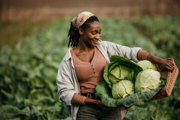Portrait of a dedicated black woman holding a crate full of fresh cabbage in her hands on the farm...