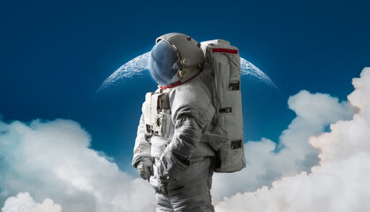Astronaut stand on blue background. Collage with spaceman and Moon in blue sky with clouds. Sci-fi...