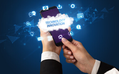 Hand using smartphone with cloud technology concept