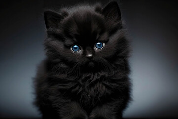 Cutest and adorable tiny black fluffy kitten with blue eyes on a dark grey background, AI generated image
