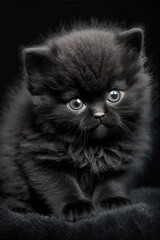 Cute and adorable little black furry kitten, black background, AI generated image