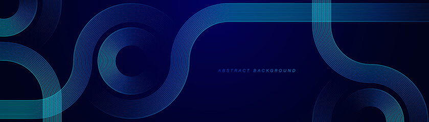 Abstract glowing circle lines on dark blue background. Geometric stripe line art design. Modern shiny blue lines. Futuristic technology concept. Horizontal banner template. Vector illustration - obrazy, fototapety, plakaty