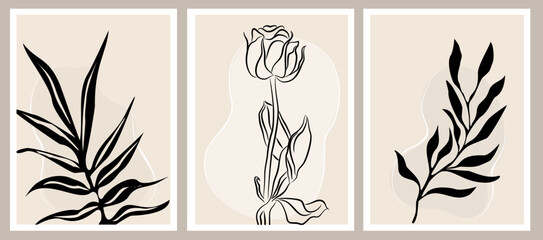 Fototapeta na wymiar Abstract flower posters set. Trendy botanical wall art, rose, eucalyptus greenery line drawing. Modern minimalist design for interior decoration, tattoo, logo, cover. Vector ink sketch illustration