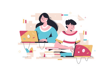 Colleagues working in office together vector illustration. Teamwork on laptop working at new project or startup. Working from home. Remote job, freelancer concept.