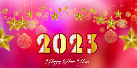 Happy new year 2023 written with yellow hanging stars on blurred  background, holiday greeting card