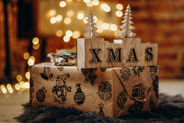 Christmas decor on a blurred background of glowing garlands.