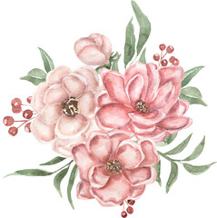 Watercolor peony and greenery bouquet clipart, delicate flowers illustration in vintage style, pink and white rose flower clip art, wedding florals