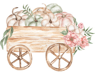 Watercolor old style transport with pumpkins and peony, cotton and greenery elements set clipart, cart transportation and delicate flowers illustration in vintage style