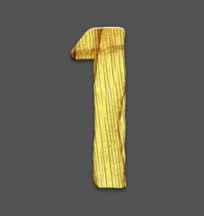 Digit 1. Alphabet made of letters, made of wood. Isolated on gray background. Education. Design