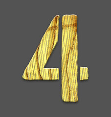 Digit 4. Alphabet made of letters, made of wood. Isolated on gray background. Education. Design