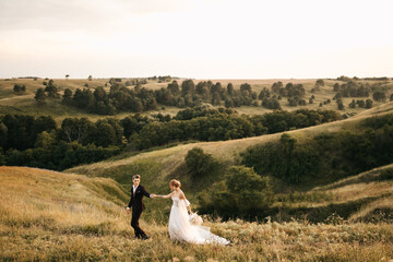 Naklejka premium Newlyweds walk in nature against the backdrop of beautiful hills