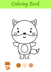 Coloring page happy fox. Coloring book for kids. Educational activity for preschool years kids and toddlers with cute animal. Vector illustration