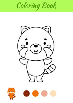 Coloring page happy red panda. Coloring book for kids. Educational activity for preschool years kids and toddlers with cute animal. Vector illustration
