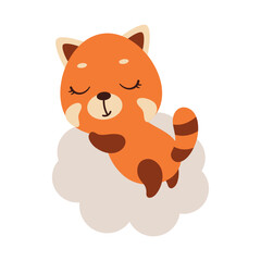 Cute little red panda sleeping on cloud. Cartoon animal character for kids t-shirt, nursery decoration, baby shower, greeting cards, invitations, house interior. Vector stock illustration