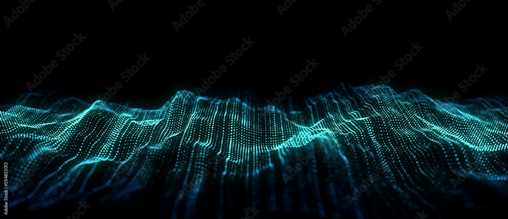 Poster Technology green wave with lines. Big data visualization. Analytics representation. Digital background. 3d rendering.