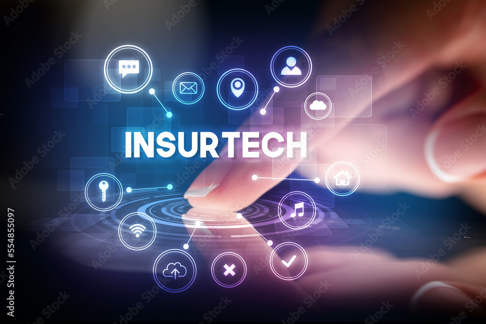 Poster finger touching tablet with web technology icons concept