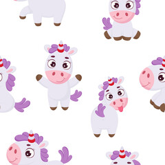 Cute magical unicorn seamless childish pattern. Funny magic unicorn cartoon character for fabric, wrapping, textile, wallpaper, apparel. Vector illustration