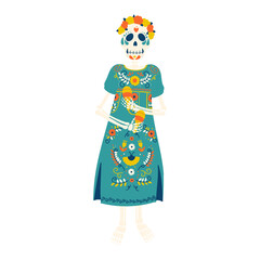 Dia de los Muertos female skeleton vector illustration in flat color design