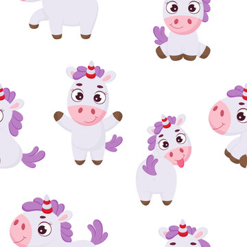 Cute magical unicorn seamless childish pattern. Funny magic unicorn cartoon character for fabric, wrapping, textile, wallpaper, apparel. Vector illustration